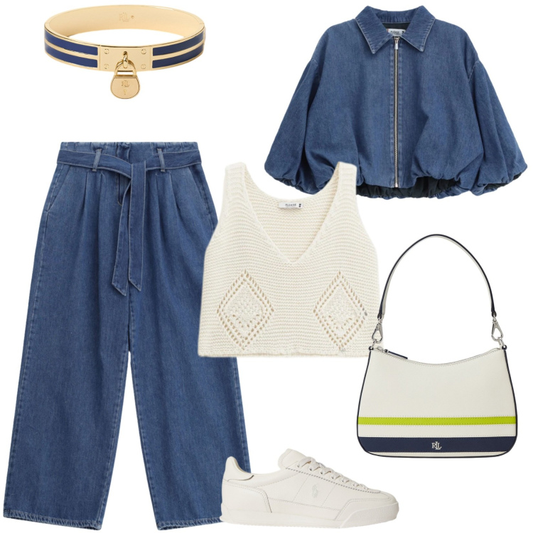 Outfit donna - Denim chic. Stile Casual per Tutti i giorni. Abbinamento con blazer, jeans, top, braccialetti con ciondoli, borse a spalla, sneakers.