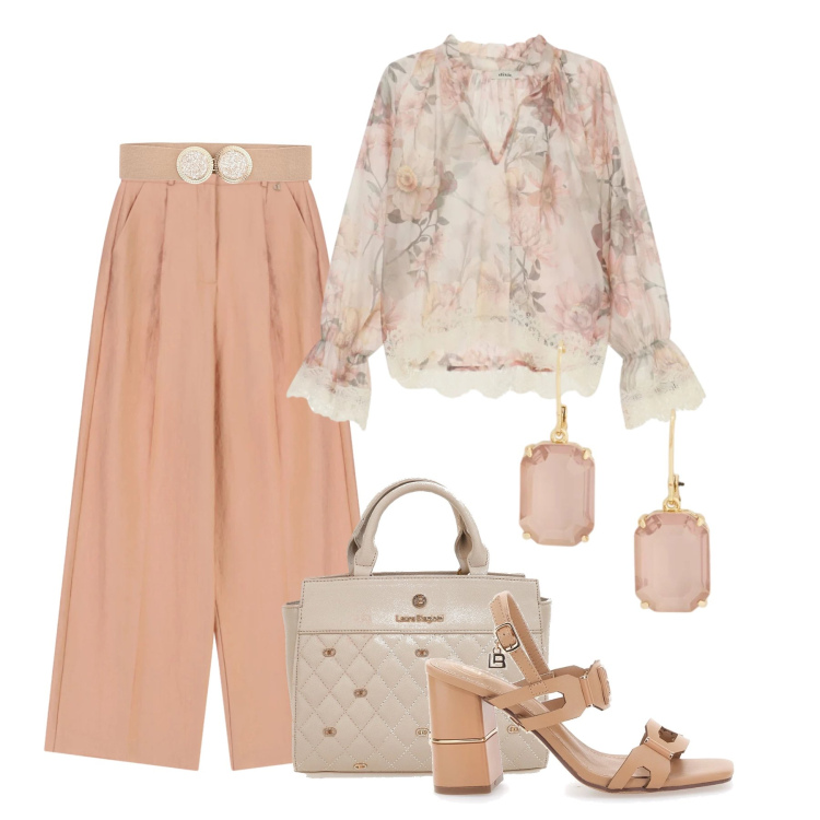 Outfit donna - Nuance pesca. Stile Glamour per Ufficio. Abbinamento con cinture, pantaloni a palazzo, bluse, orecchini, sandali col tacco, borse a mano.