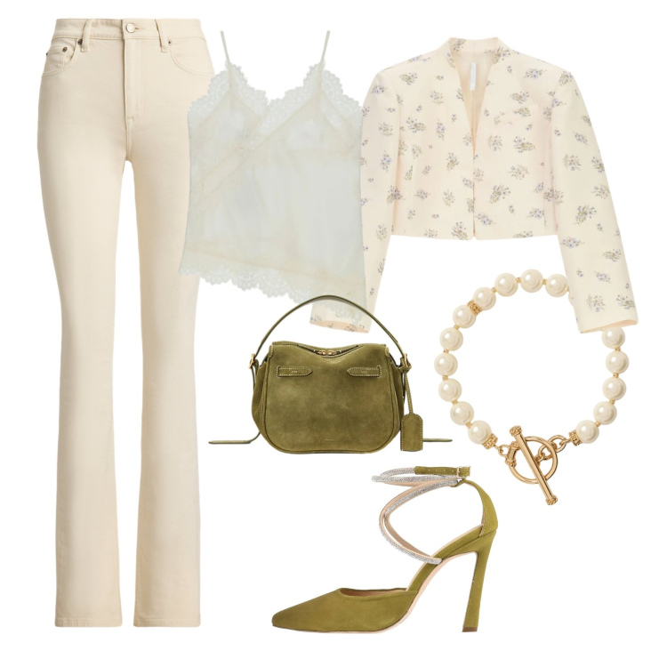 Outfit donna - Denim chic. Stile Chic per Serata fuori. Abbinamento con décolleté, blazer, top, borse a mano, jeans bootcut, collane.