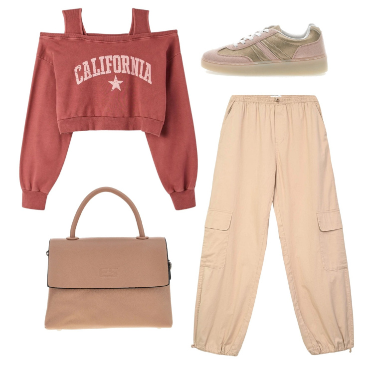 Outfit donna - Peach Blush. Stile Basic per Scuola/Università. Abbinamento con pantaloni cargo, felpe, sneakers, borse a tracolla.