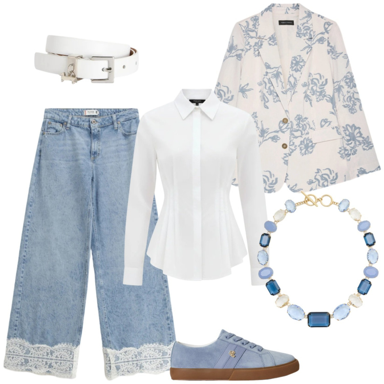 Outfit donna - Denim chic. Stile Casual per Ufficio. Abbinamento con camicie, blazer, jeans, cinture, collane, sneakers.