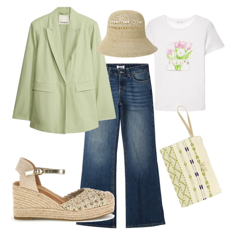 Outfit donna - Blazer versatile. Stile Casual per Tutti i giorni. Abbinamento con blazer, t-shirt, jeans, cappelli, pochette, zeppe.