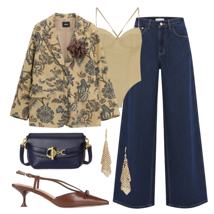 Outfit donna - Blazer versatile e sofisticato. Stile Trendy per Serata fuori. Abbinamento con décolleté, body, jeans, blazer, borse a tracolla, orecchini.
