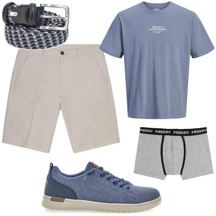 Outfit uomo - Primo maggio. Stile Casual per Tutti i giorni. Abbinamento con t-shirt, boxer, bermuda, cinture, sneakers.