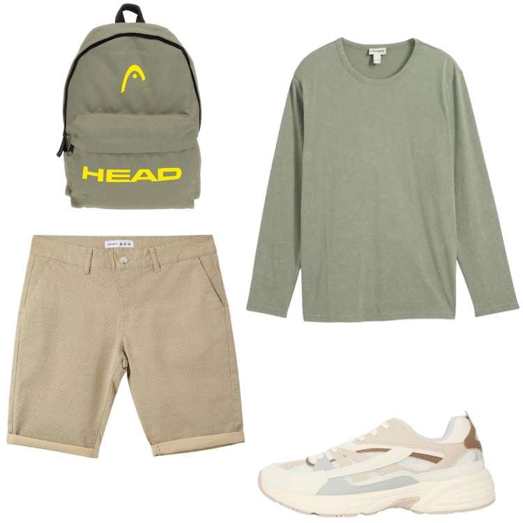 Outfit uomo - In gita. Stile Casual per Tutti i giorni. Abbinamento con t-shirt, pantaloni corti, sneakers, borse sportive.