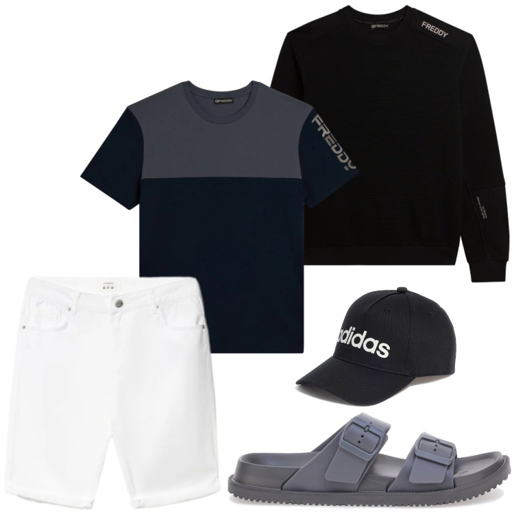 Outfit uomo - Total look #2392074. Stile Urban per Tutti i giorni. Abbinamento con bermuda, felpe, t-shirt, cappelli, sandali.