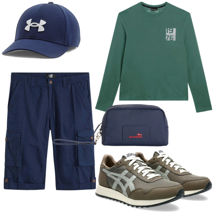 Outfit uomo - Total look #2392075. Stile Casual per Tutti i giorni. Abbinamento con bermuda, borse sportive, t-shirt, sneakers, cappelli.