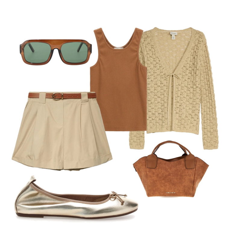 Outfit donna - Ballerine. Stile Casual per Mare. Abbinamento con cardigans, shorts, top, occhiali da sole, ballerine, borse a mano.