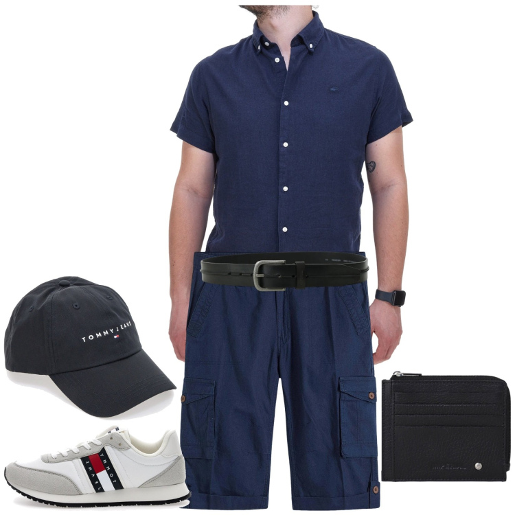Outfit uomo - Total look #2392077. Stile Trendy per Tutti i giorni. Abbinamento con bermuda, cinture, portafogli, cappelli con visiera, sneakers, camicie a manica corta.