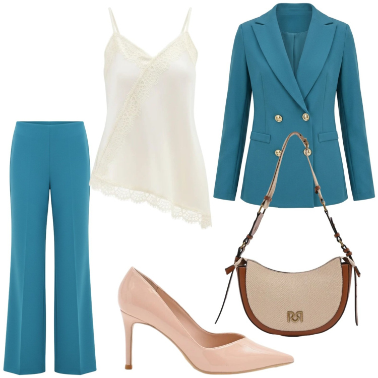 Outfit donna - Occasion Ready. Stile Glamour per Cerimonia. Abbinamento con blazer, canottiere, pantaloni a palazzo, borse a tracolla, décolleté.