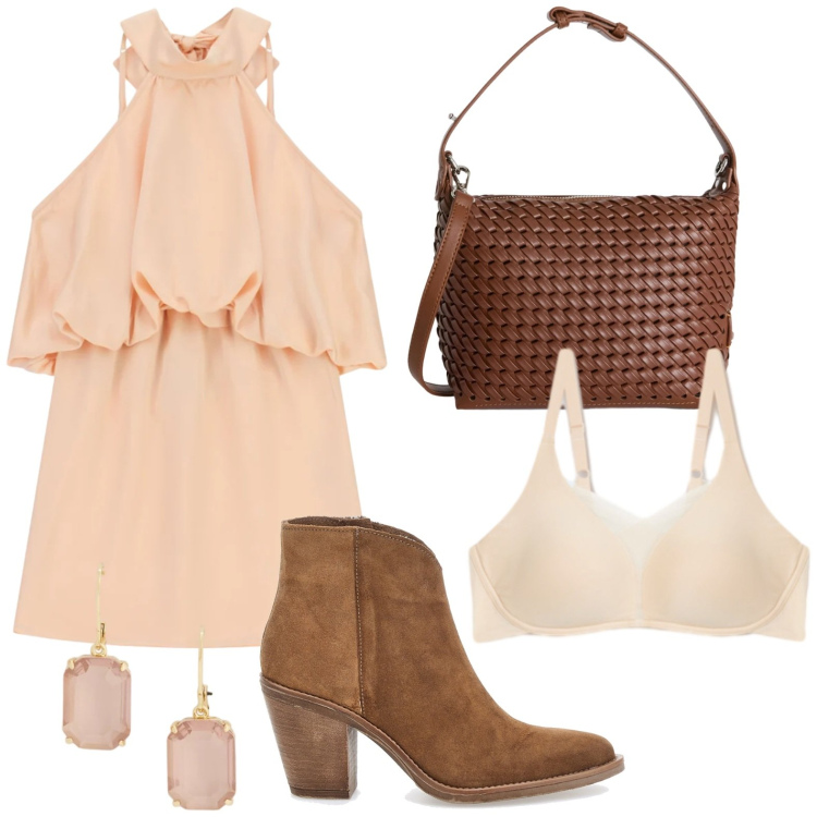 Outfit donna - Peach Blush. Stile Boho per Tutti i giorni. Abbinamento con reggiseni, borse a spalla, vestiti corti, orecchini, stivaletti.