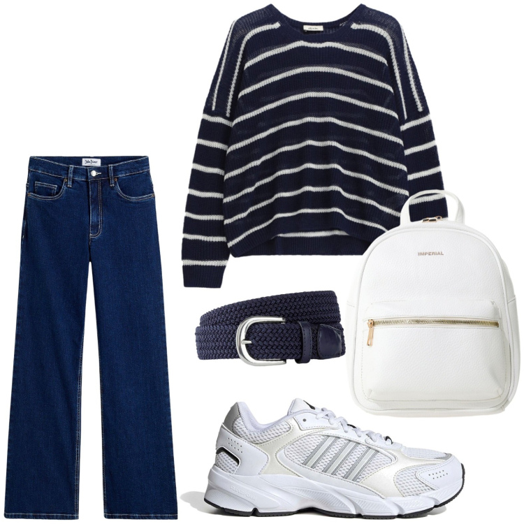 Outfit donna - Denim chic. Stile Romantica per Tutti i giorni. Abbinamento con cinture, jeans, zaini, maglieria, sneakers.