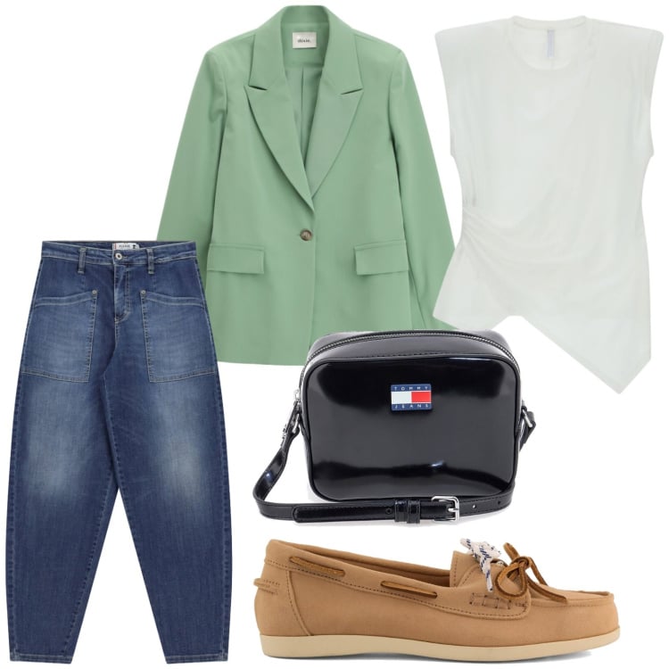 Outfit donna - Blazer leggeri. Stile Minimal per Tutti i giorni. Abbinamento con jeans, top, blazer, borse a tracolla, mocassini.