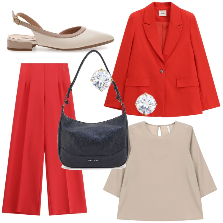 Outfit donna - Il ritorno delle ballerine. Stile Bon Ton per Ufficio. Abbinamento con pantaloni a palazzo, bluse, blazer, orecchini, ballerine, borse a tracolla.