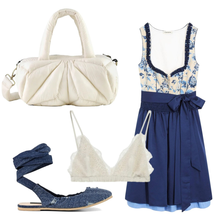 Outfit donna - Easy. Stile Romantica per Tutti i giorni. Abbinamento con vestiti, reggiseni, borse a mano, ballerine.