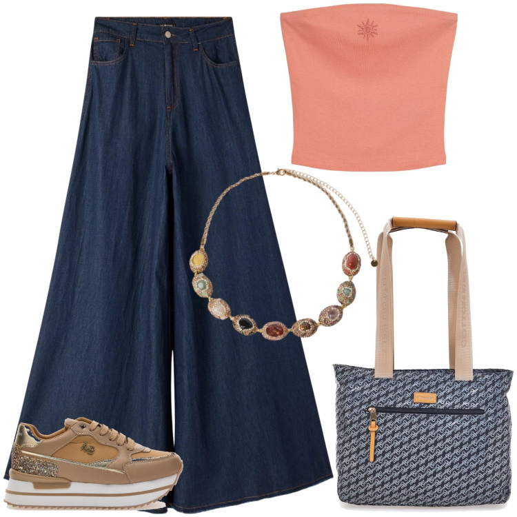 Outfit donna - Top e jeans wide. Stile Casual per Tutti i giorni. Abbinamento con jeans, top, collane, borse a spalla, sneakers.