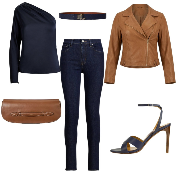 Outfit donna - L\'eleganza in un jeans. Stile Casual chic per Tutti i giorni. Abbinamento con giacche, jeans skinny, clutch, cinture, sandali col tacco, bluse.