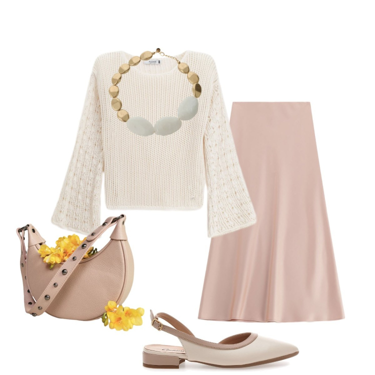 Outfit donna - Romantica. Stile Romantica per Tutti i giorni. Abbinamento con maglieria, gonne lunghe, borse a spalla, collane, ballerine.