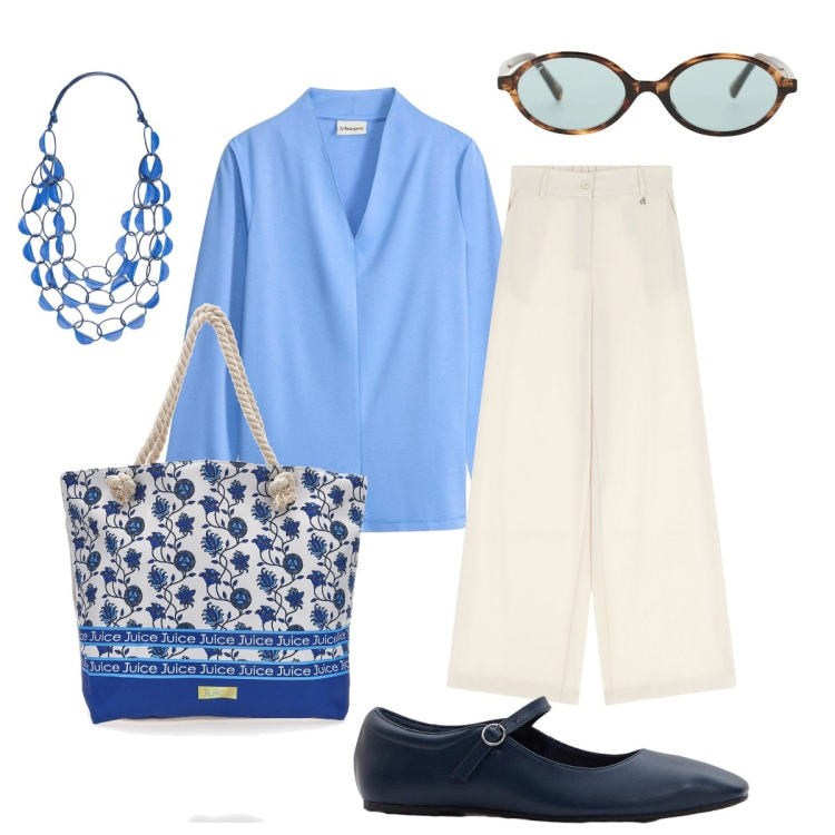 Outfit donna - Dinamica. Stile Trendy per Tutti i giorni. Abbinamento con ballerine, bluse, collane, occhiali da sole, pantaloni a palazzo, shopping bag.