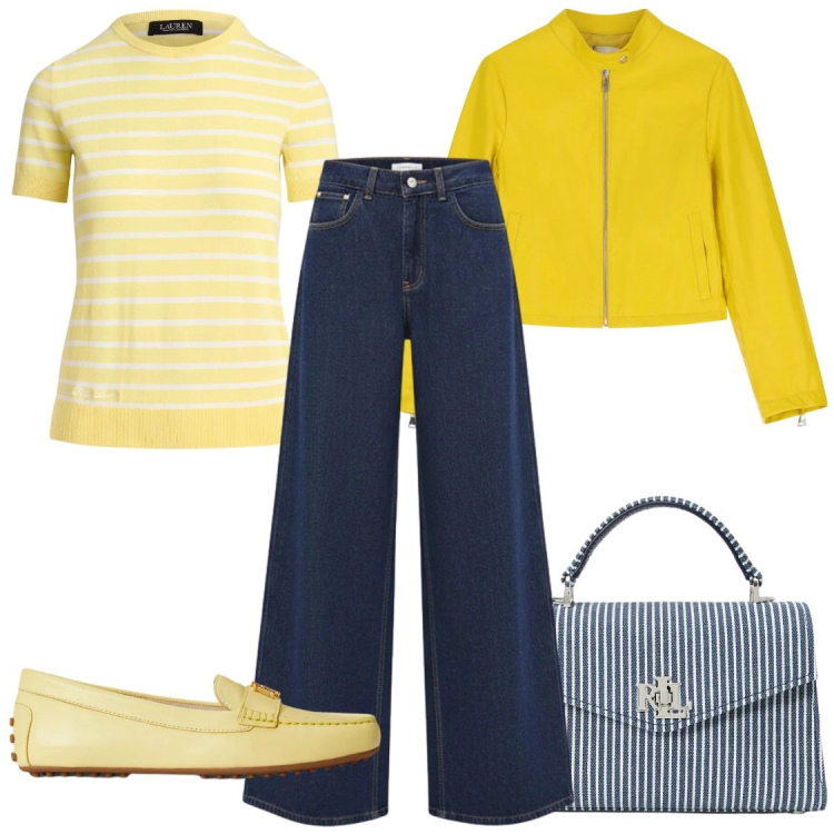 Outfit donna - Denim Scuro e Giallo Limone. Stile Casual chic per Tutti i giorni. Abbinamento con jeans, giacche, mocassini, borse a mano, t-shirt.