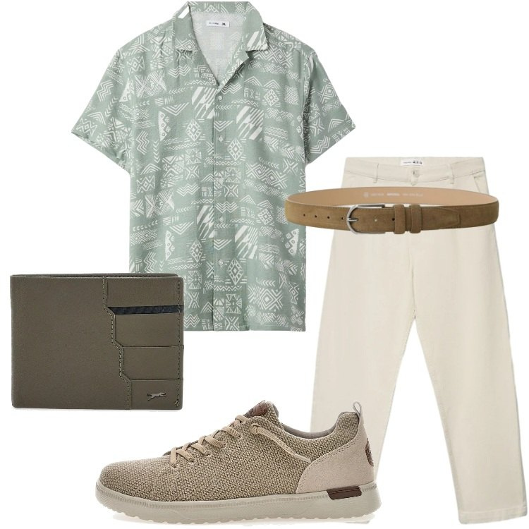 Outfit uomo - Pantaloni leggeri. Stile Trendy per Tutti i giorni. Abbinamento con camicie a manica corta, pantaloni chino, cinture, portafogli, sneakers.