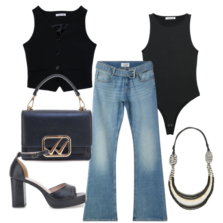 Outfit donna - Maggio. Stile Casual chic per Tutti i giorni. Abbinamento con gilet, jeans a zampa, top, collane, décolleté, borse a tracolla.
