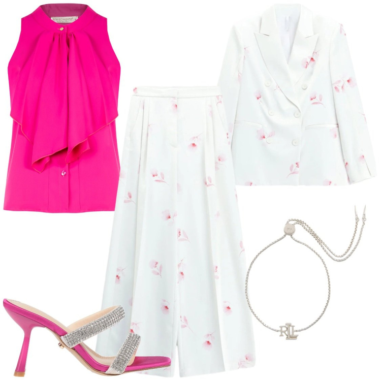 Outfit donna - Blazer Leggero: Un Capo, Infiniti Outfit. Stile Chic per Cerimonia. Abbinamento con sandali col tacco, blazer, pantaloni a palazzo, canottiere, braccialetti.