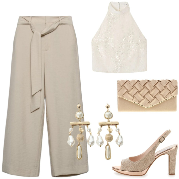 Outfit donna - Colori chiari ed eleganti. Stile Chic per Cerimonia. Abbinamento con pantaloni a palazzo, top, orecchini, sandali, pochette.