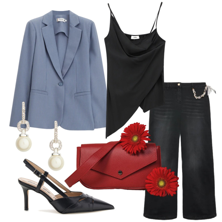 Outfit donna - Maggio. Stile Casual chic per Tutti i giorni. Abbinamento con jeans, blazer, top, borse a tracolla, orecchini, décolleté.