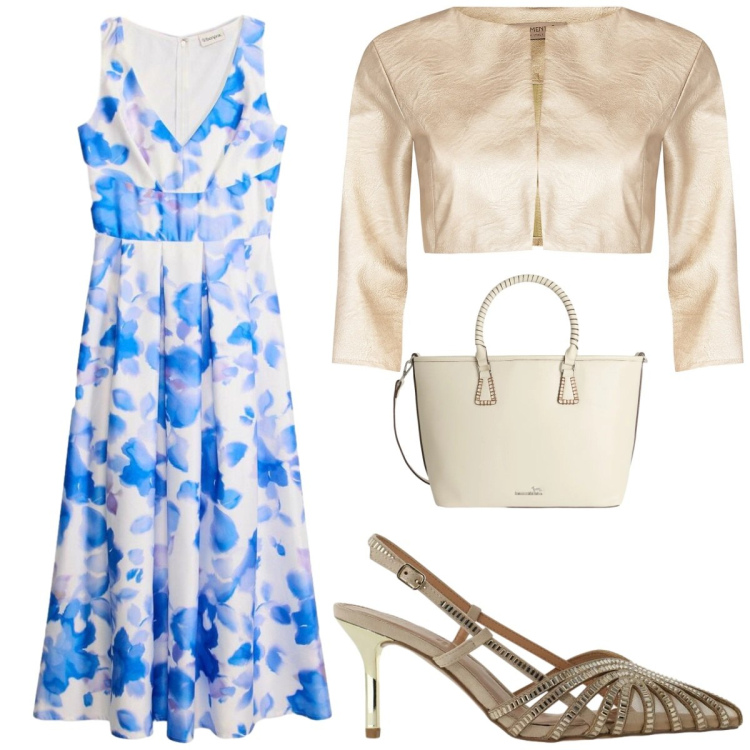 Outfit donna - Fiori e oro. Stile Chic per Cerimonia. Abbinamento con vestiti lunghi, shopping bag, bolero, décolleté.