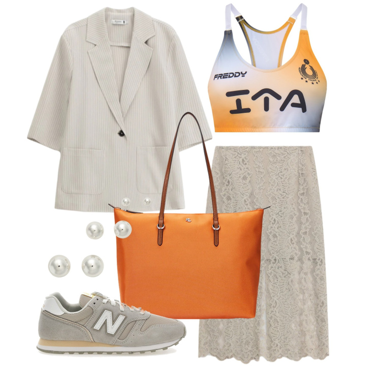 Outfit donna - Maggio. Stile Trendy per Tutti i giorni. Abbinamento con blazer, gonne longuette, top, borse tote, orecchini, sneakers.