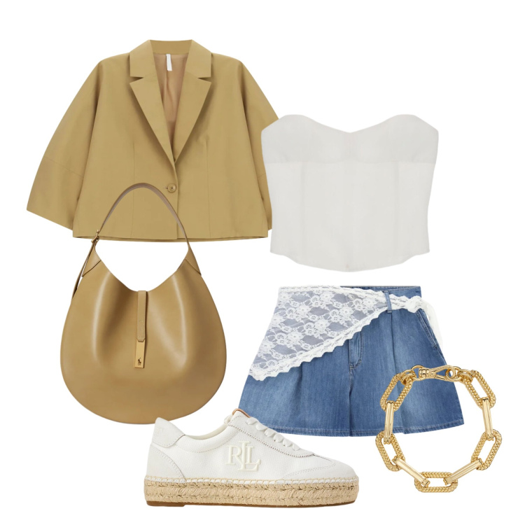 Outfit donna - Maggio. Stile Trendy per Tutti i giorni. Abbinamento con shorts, top, blazer, sneakers, braccialetti, borse a spalla.