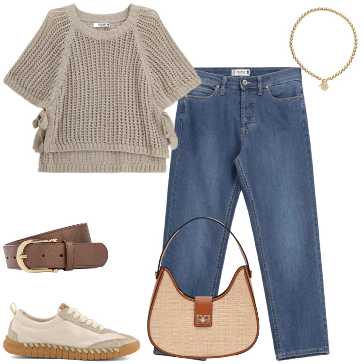 Outfit donna - Comfort e Stile Naturale. Stile Casual chic per Tutti i giorni. Abbinamento con cinture, jeans, top, borse a spalla, collane, sneakers.