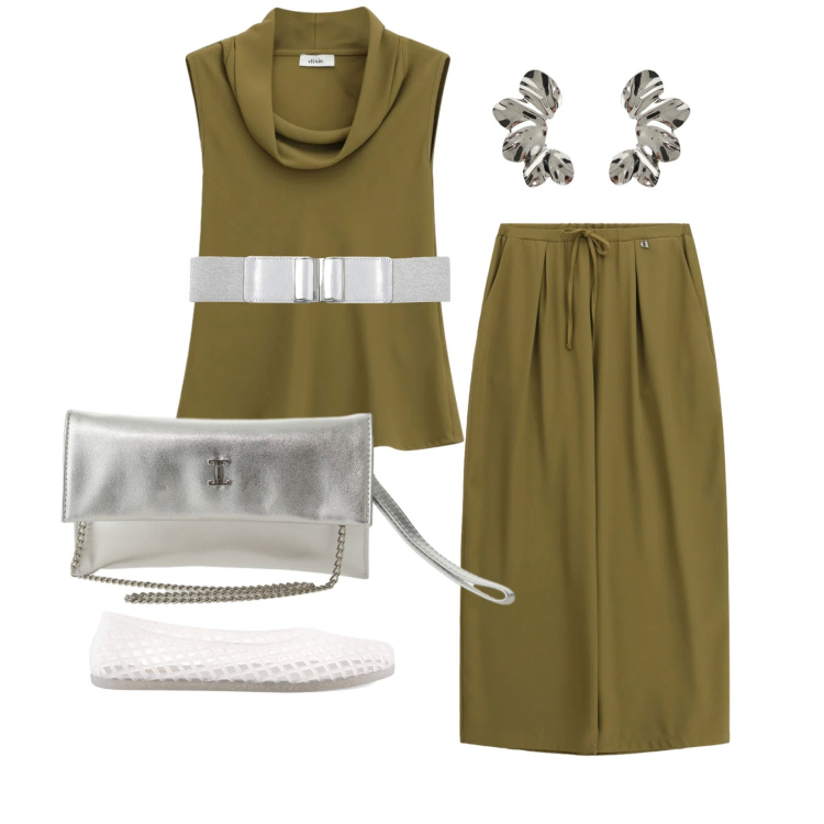 Outfit donna - Maggio. Stile Trendy per Tutti i giorni. Abbinamento con cinture, borse a tracolla, orecchini, top, pantaloni a palazzo, ballerine.
