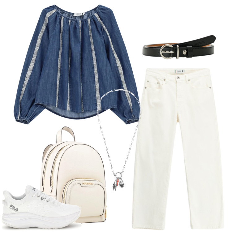 Outfit donna - Urban Chic in Denim e Bianco. Stile Casual chic per Tutti i giorni. Abbinamento con zaini, pantaloni, bluse, cinture, ciondoli, sneakers.