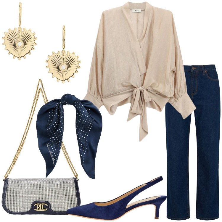 Outfit donna - Denim chic - @Laloba. Stile Chic per Serata fuori. Abbinamento con jeans, bluse, foulard, décolleté, orecchini, borse a spalla.