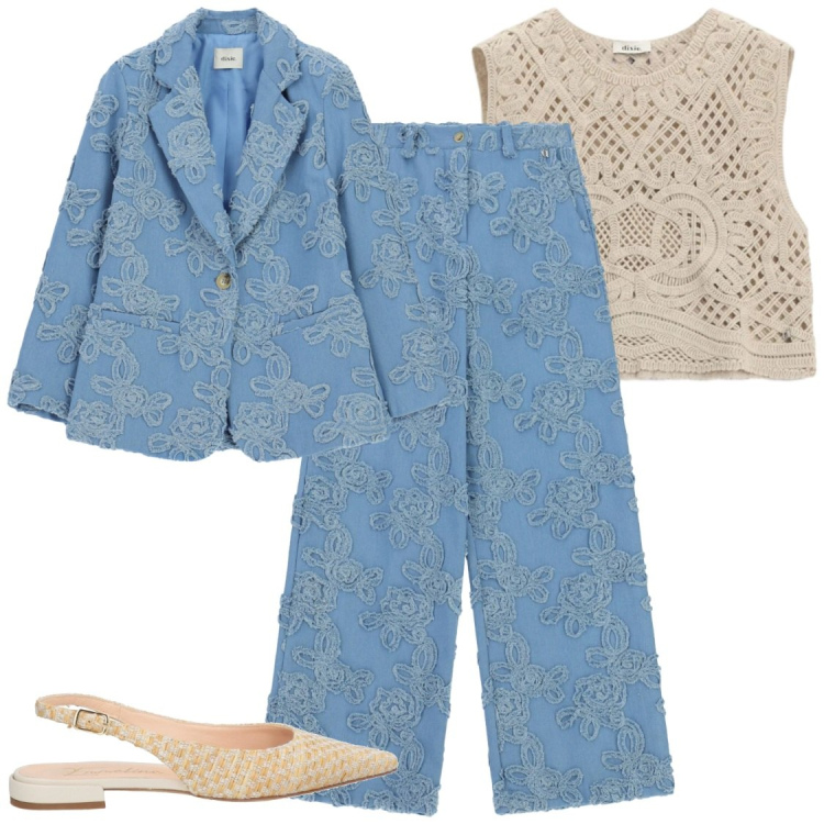 Outfit donna - Blazer Leggero & Texture 3D. Stile Chic per Ufficio. Abbinamento con ballerine, blazer, pantaloni a palazzo, top.