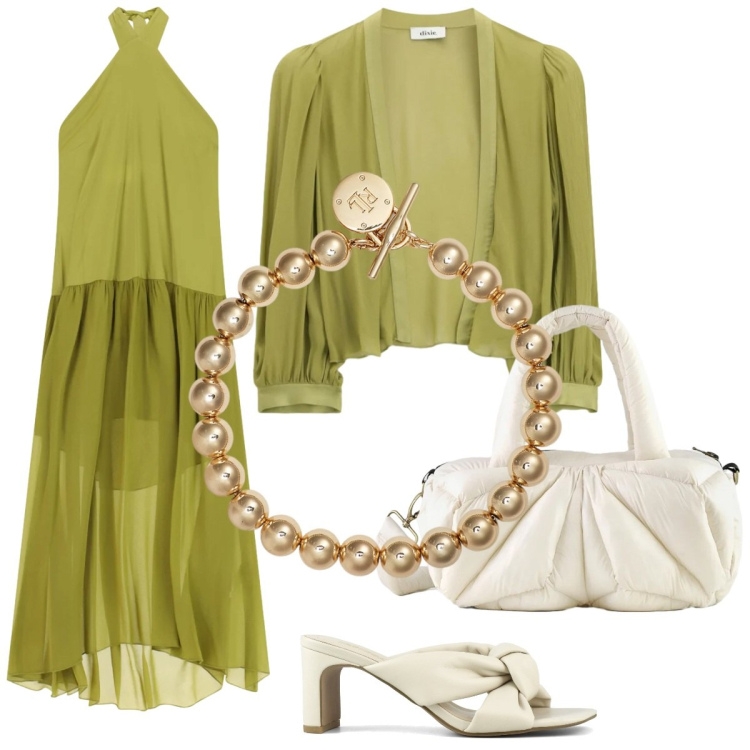 Outfit donna - Verde oliva. Stile Chic per Cerimonia. Abbinamento con blazer, vestiti lunghi, borse a mano, braccialetti, sandali col tacco.