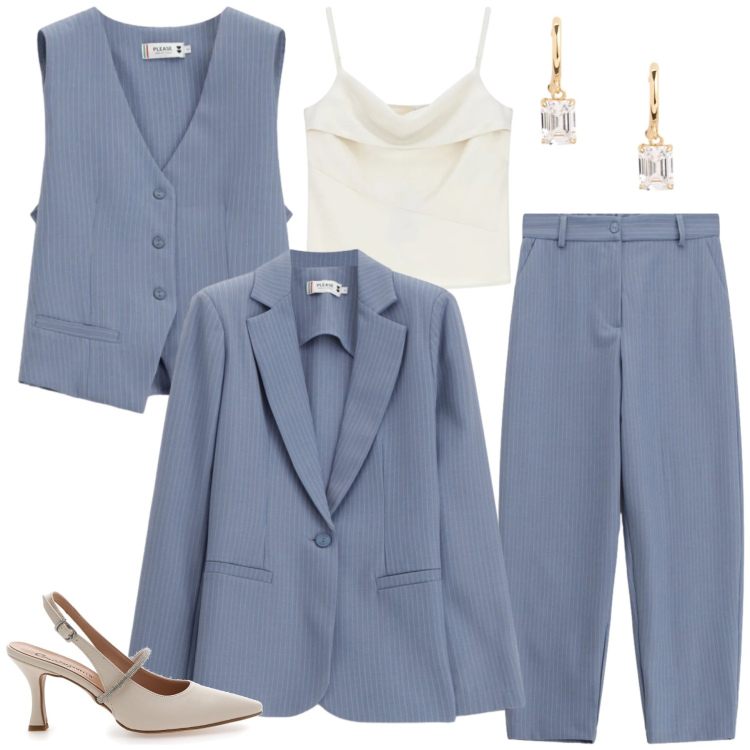 Outfit donna - Completo Gessato Contemporaneo. Stile Casual chic per Cerimonia. Abbinamento con blazer, gilet, pantaloni, canottiere, orecchini, décolleté.