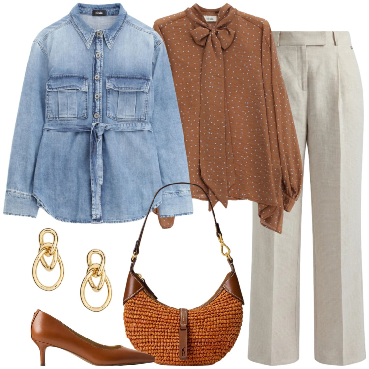 Outfit donna - Chic con la giacca in denim. Stile Chic per Serata fuori. Abbinamento con pantaloni, blazer, camicie, décolleté, borse a spalla, orecchini.