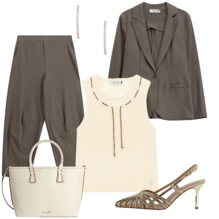 Outfit donna - Eleganza Minimalista in Toni Taupe. Stile Casual chic per Tutti i giorni. Abbinamento con pantaloni a palazzo, top, blazer, shopping bag, décolleté, orecchini.