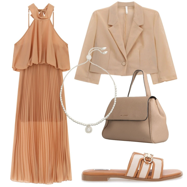 Outfit donna - Color burro nocciola. Stile Chic per Cerimonia. Abbinamento con zaini, blazer, vestiti lunghi, braccialetti, ciabatte.