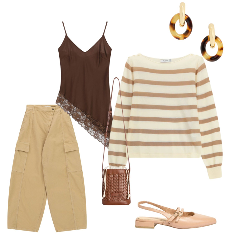 Outfit donna - Contrasti Materici e Toni Caldi. Stile Casual chic per Tutti i giorni. Abbinamento con ballerine, top, pantaloni cargo, maglieria, borse a secchiello, orecchini.