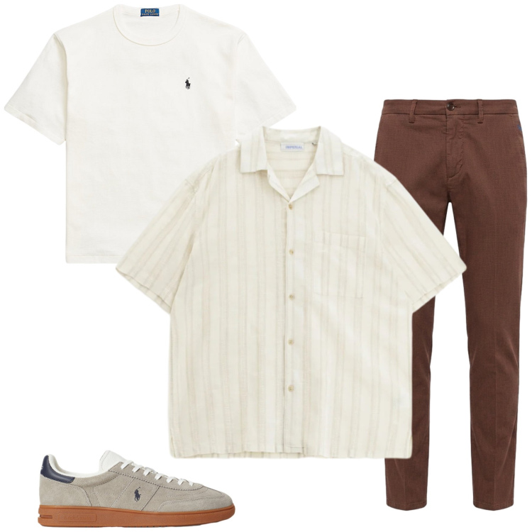 Outfit uomo - Urban Summer. Stile Casual per Ufficio. Abbinamento con pantaloni chino, camicie a manica corta, t-shirt, sneakers.