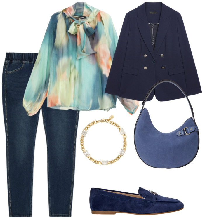 Outfit donna - Denim chic. per Tutti i giorni. Abbinamento con blazer, jeggings, bluse, mocassini, borse a spalla, braccialetti.