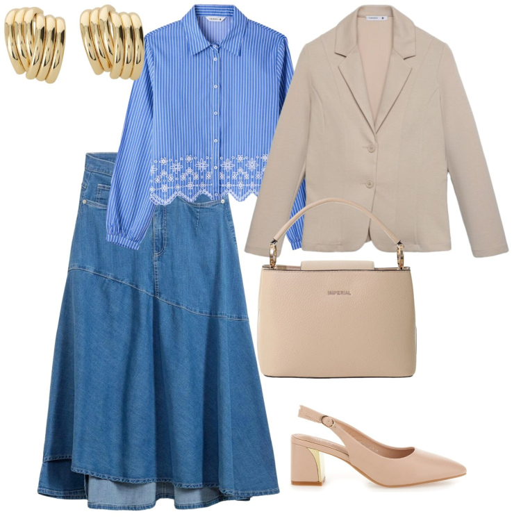 Outfit donna - Denim chic. per Scuola/Università. Abbinamento con gonne longuette, blazer, camicie, borse a secchiello, orecchini, décolleté.