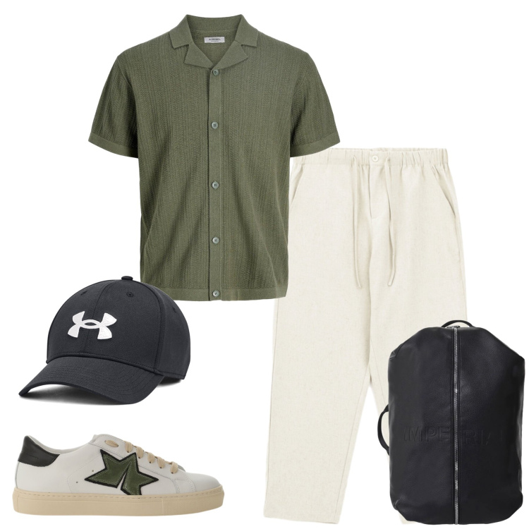 Outfit uomo - Comfort Sportivo e Toni Naturali. Stile Casual per Tutti i giorni. Abbinamento con camicie a manica corta, pantaloni, sneakers, borse sportive, cappelli.