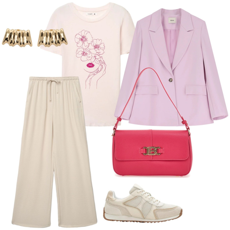 Outfit donna - Rosa. per Tutti i giorni. Abbinamento con sneakers alte, t-shirt, pantaloni, blazer, orecchini, borse a spalla.
