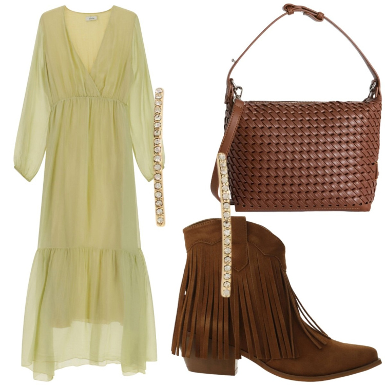 Outfit donna - Verde e testa di moro. Stile Casual chic per Cerimonia. Abbinamento con borse a spalla, stivaletti texani, vestiti lunghi, orecchini.