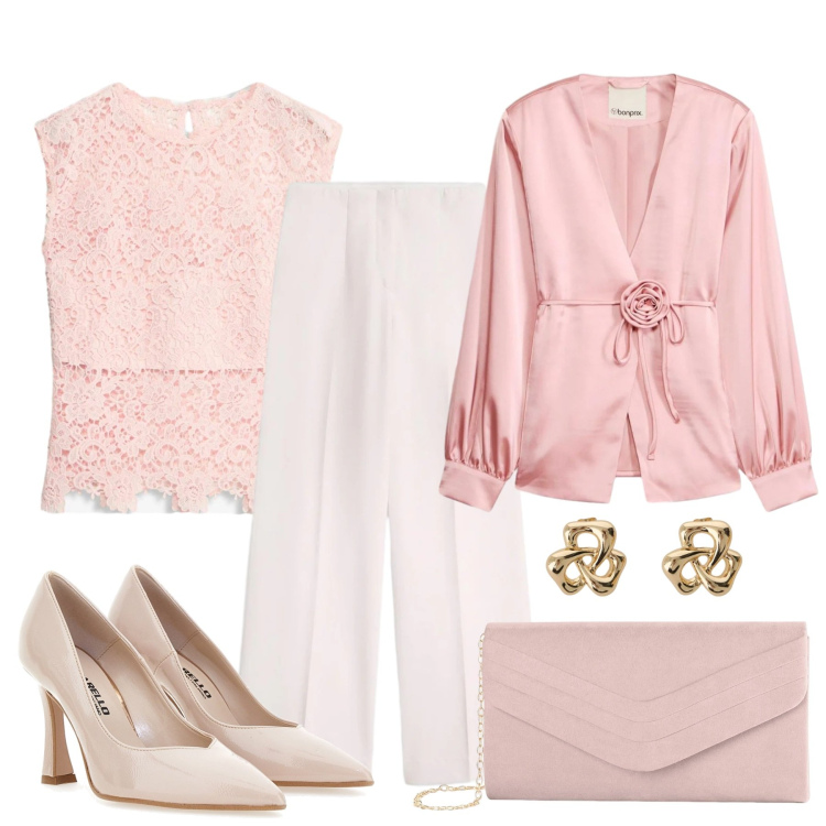 Outfit donna - Eleganza senza eccessi. Stile Chic per Cerimonia. Abbinamento con canottiere, pantaloni, blazer, pochette, orecchini, décolleté.